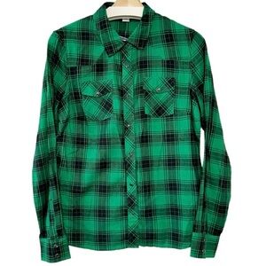 NEW Dalia Collection Womens Western Boyfriend Snap Button Up Shirt‎ Green Plaid